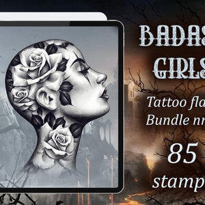 Badass Girls Tattoo Flash Bundle Nr. 3 | Procreate Tattoo Stamps | Original Tattoo Designs for Tattoo Artists | Digital Tattoo Art