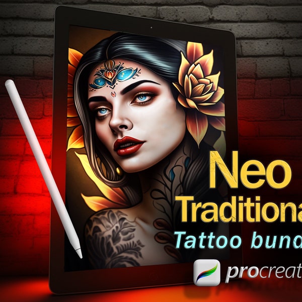 Procreate Neotraditional tattoo stencil bundle | Procreate stencil | Procreate tattoo | Tattoo flash | Tattoo stencil | Procreate stamps