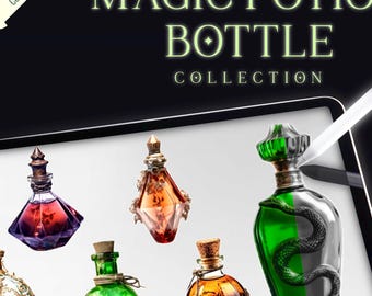 20 Procreate Potion Bottles Tattoo designs – Black & Grey + Full-Color Tattoo Flash | Procreate stamps | Tattoo bundle | Procreate tattoo