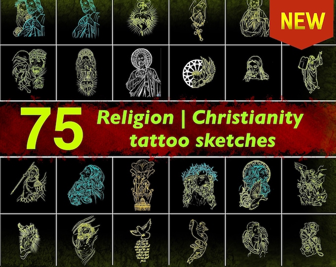 75 Religion & Christianity Tattoo Stamps | Procreate Sketches for Religious Designs | Customizable Religious Symbols | Instant Download