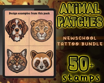 Black & Grey Embroidered Patch Procreate Stamps, 50 Animal Designs, iPad Digital Download