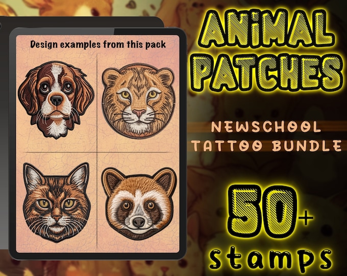 Exclusive Animal Tattoo Stencil Bundle | 50+ Procreate Stamp Brushes | New School Style Designs