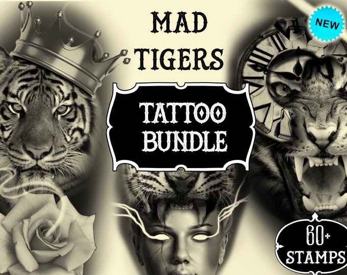 Mad Tigers tattoo stencil pack | Procreate stamps | Procreate set |  Procreate tattoo | Procreate bundle | Tattoo flash