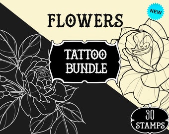 Procreate outline flowers stamps | Procreate stamps | Tattoo flash | Procreate flash | Procreate set | Procreate rose | Tattoo stencil