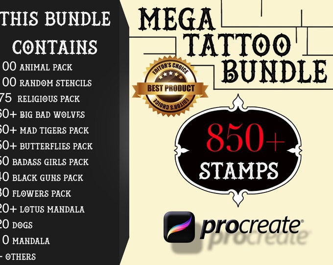 850+ Tattoo stencils | Procreate tattoo stamps | Procreate flash | Procreate brush | Tattoo flash | Procreate bundle