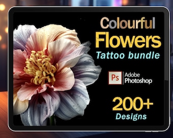 May include: A digital illustration of a colorful flower tattoo design bundle. The image shows a close-up of a flower with pink, purple, and yellow petals. The text on the image reads "Colorful Flowers Tattoo bundle", "200+ Designs", and "Adobe Photoshop".