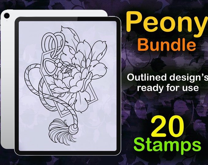 Procreate Peony stencil bundle | Procreate stencil | Tattoo stencil | Procreate stamps | Procreate brushes