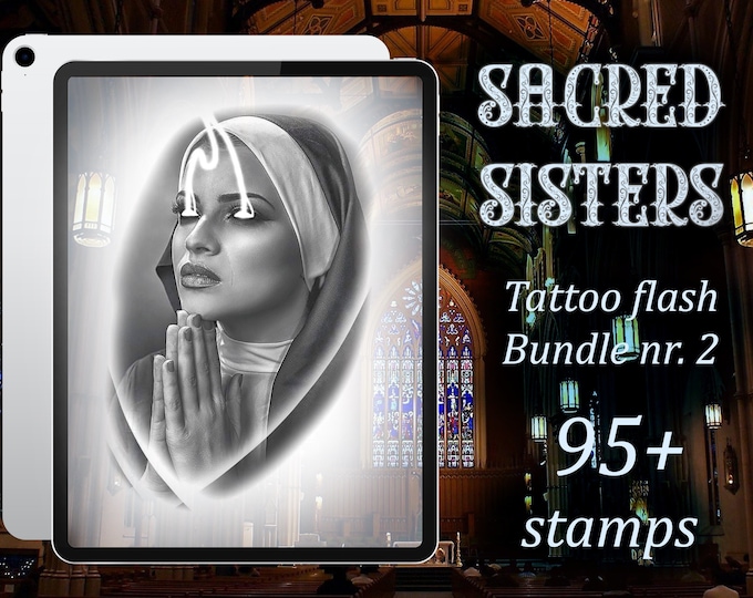 95+ Sacred Sisters Religious Tattoo Stencils | Christian Tattoo Flash Designs | Saints, Angels, God & Female Figures | Procreate Stamps