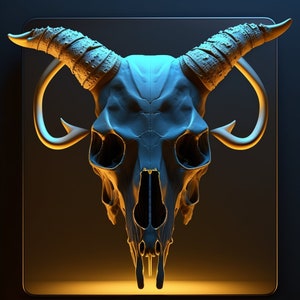 May include: A blue and white skull with horns, set against a dark background. The skull is illuminated from below, casting a warm glow on the horns.