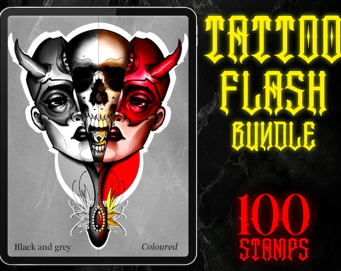 100 Procreate Tattoo Flash Stamps | Digital Tattoo Design Brushes | Hand-Drawn Tattoo Art for Procreate Artists