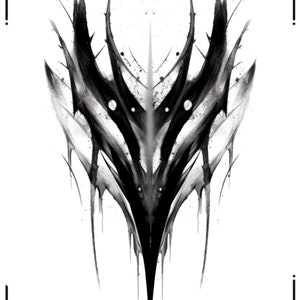 May include: Black and white abstract design with a sharp, pointed shape in the center. The design is symmetrical and has a dripping effect.