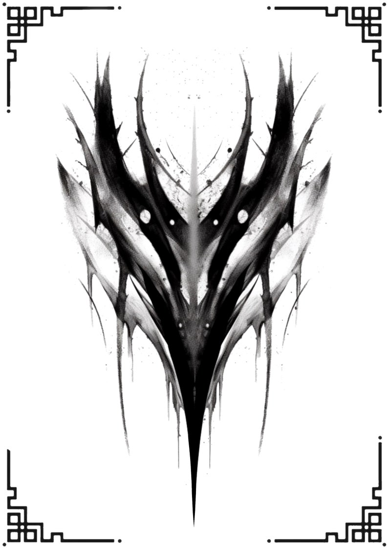 May include: Black and white abstract design with a sharp, pointed shape in the center. The design is symmetrical and has a dripping effect.