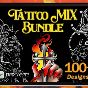 MIXED TATTOO BUNDLE: 100 Unique Procreate Tattoo Stencils and Flashes | Neotraditional, Blackwork and More