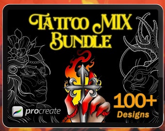 100+ Procreate Tattoo Stencils & Flash Bundle | Blackwork, Neotrad, Japanese, Mandala | Procreate Brushes + JPG