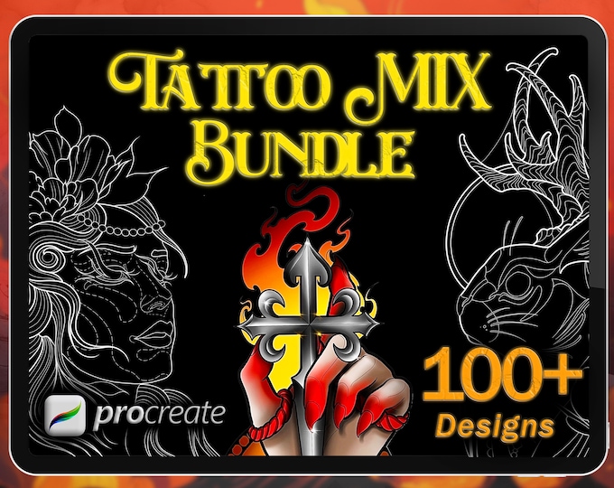 MIXED TATTOO BUNDLE: 100 Unique Procreate Tattoo Stencils and Flashes | Neotraditional, Blackwork and More