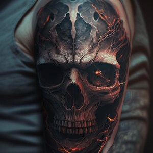 May include: A detailed black and white skull tattoo with orange flames, rendered in a realistic style.