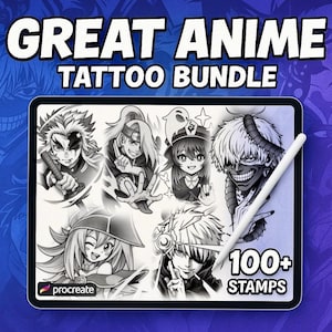 May include: A digital illustration of a tattoo bundle with anime-style characters. The tablet displays several black and white character designs, with the text "GREAT ANIME TATTOO BUNDLE" at the top. The image also includes a stylus and the text "100+ STAMPS".