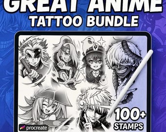 Great Anime Tattoo Bundle | 100+ Procreate Stamps | Anime Character Brushes | .brushset + PNG + JPEG | Instant Download