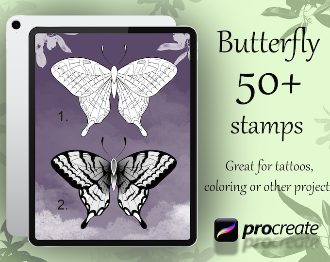 50+ Butterfly Tattoo Stamps Bundle | Procreate Stamps | Customizable Butterfly Stencils & Designs | For Black and Grey or Color Tattoos