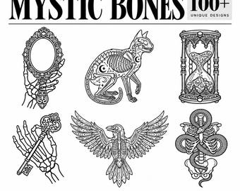 May include: A digital collection of Procreate tattoo stamps titled MYSTIC BONES 100+ UNIQUE DESIGNS. The black and white line art features a skeletal hand holding a mirror, a cat skeleton, an hourglass with skulls, a skeletal hand holding a key, a bird skeleton, and a snake coiled around a spine.