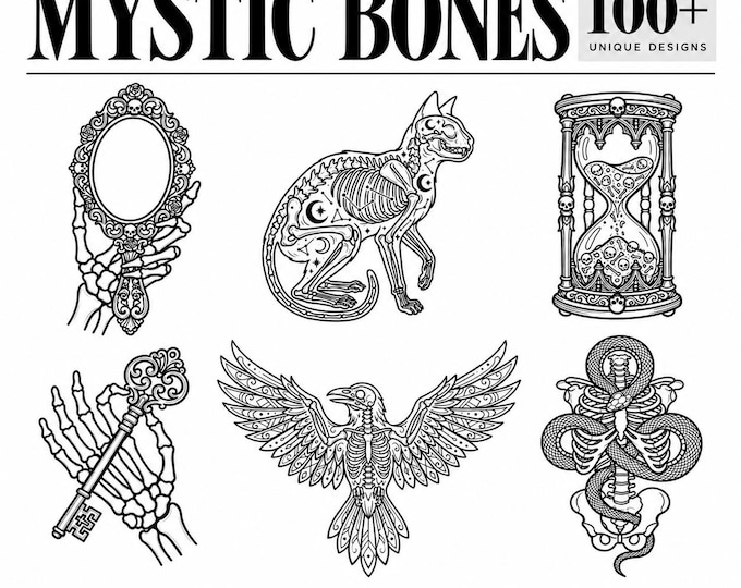 100+ Procreate Tattoo Stamps, Mystic Bones Hand-Drawn Stencil Brush Set for Tattoo Artists