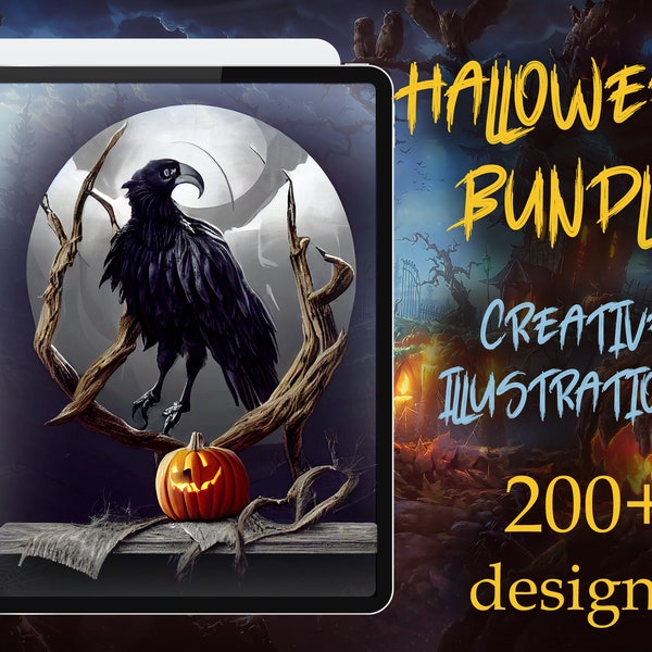 200+ Halloween creative illustration | Tattoo design | Procreate Halloween | Halloween bundle | Tattoo flash | Procreate flash