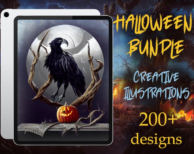 200+ Halloween creative illustration | Tattoo design | Procreate Halloween | Halloween bundle | Tattoo flash | Procreate flash