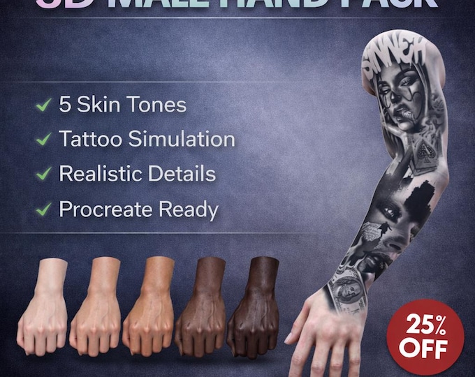 Procreate 3D Male Hand Model for Tattoo Simulation | Realistic Skin Texture | Tattoo Mockup Tool | 3D Hand OBJ for iPad
