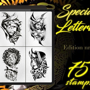 Puede incluir: Una pantalla de tableta digital que muestra cuatro ilustraciones en blanco y negro de rostros de personas con letras intrincadas que los rodean. El texto "Special Lettering Edition nr. 2 75+ stamps" se muestra en amarillo sobre un fondo negro.