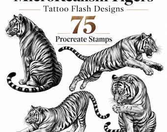 75 Tiger-Procreate-Stempel, mikrorealistische Tattoo-Vorlagen, Pinselset für Großkatzen, schwarze und graue iPad-Pinsel, Tattoo-Schablonen-Generator