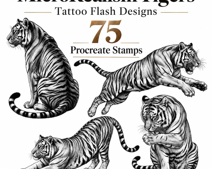 75 Tiger Procreate Stamps, Microrealism Tattoo Flash Designs, Big Cat Animal Brushset, Black and Grey iPad Brushes, Tattoo Stencil Maker