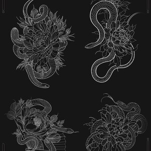 May include: Four black and white line art illustrations of snakes and flowers. The snakes are curled around the flowers, which are in full bloom. The illustrations are in a traditional Japanese style.