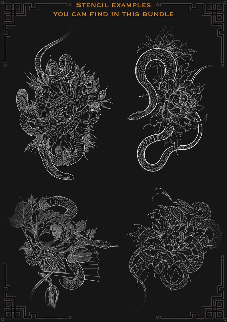 May include: Four black and white line art illustrations of snakes and flowers. The snakes are curled around the flowers, which are in full bloom. The illustrations are in a traditional Japanese style.