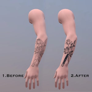 May include: Before and after image of a tattoo on a person's arm. The tattoo is a black line drawing of a rose and a knife.