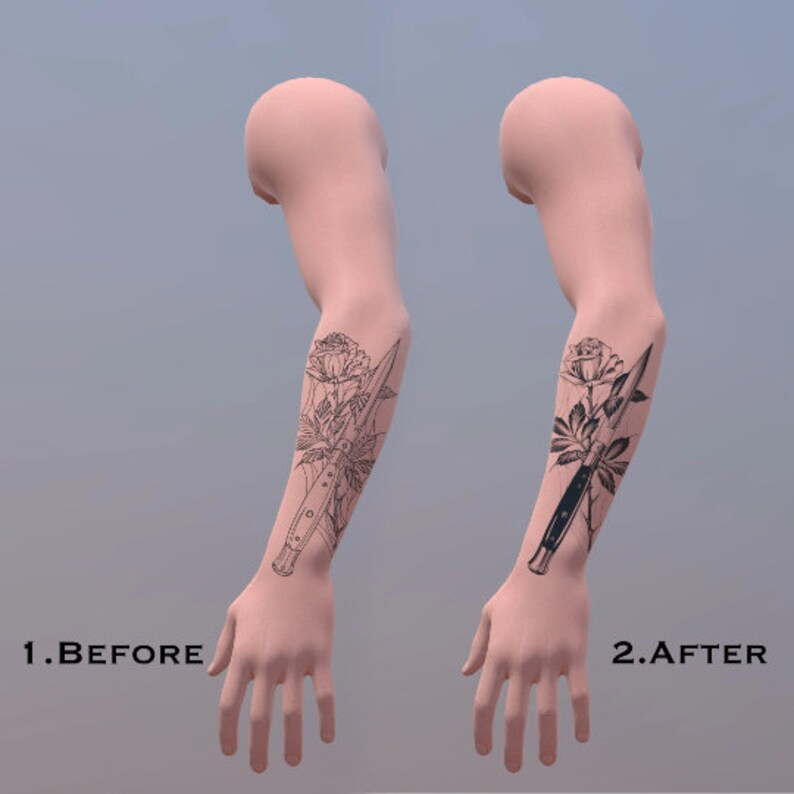 May include: Before and after image of a tattoo on a person's arm. The tattoo is a black line drawing of a rose and a knife.