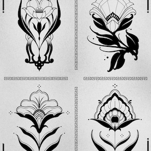 May include: Four black and white floral stencil designs. The designs are intricate and detailed, with a variety of shapes and patterns. The stencils are perfect for adding a touch of elegance to any project.