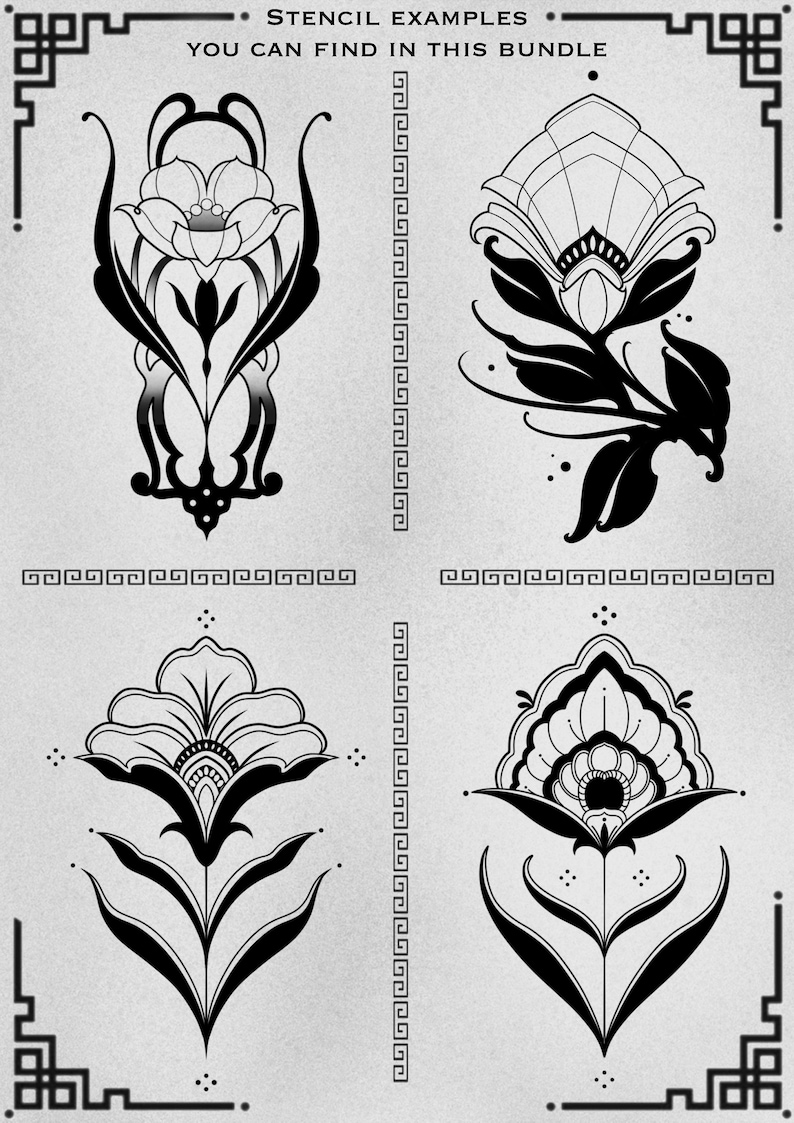 May include: Four black and white floral stencil designs. The designs are intricate and detailed, with a variety of shapes and patterns. The stencils are perfect for adding a touch of elegance to any project.