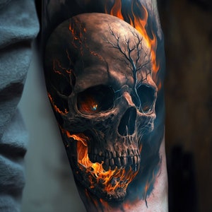 May include: A realistic tattoo design of a skull engulfed in flames. The skull is detailed with intricate cracks and a tree-like pattern on the forehead. The flames are a vibrant orange and yellow.