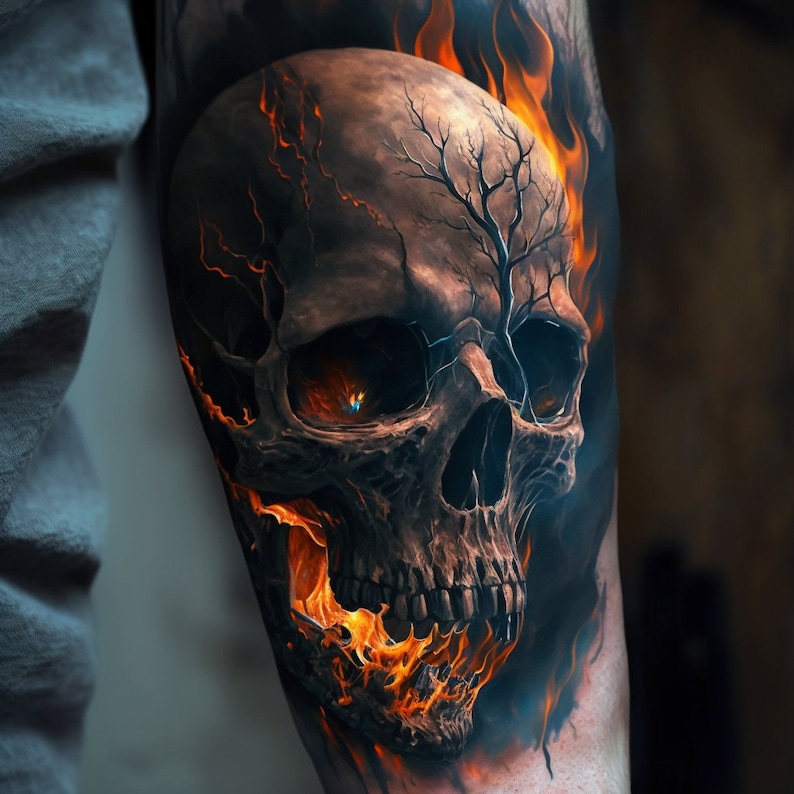 May include: A realistic tattoo design of a skull engulfed in flames. The skull is detailed with intricate cracks and a tree-like pattern on the forehead. The flames are a vibrant orange and yellow.