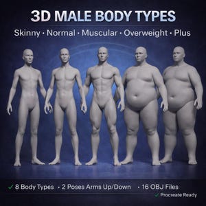 Procreate 3D Male Model – Tattoo Simulation Body Types Pack | Realistic 3D Tattoo Mockup OBJ for iPad Artists