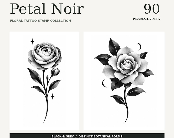 90 Floral Tattoo Procreate Stamps, Black & Grey — Petal Noir