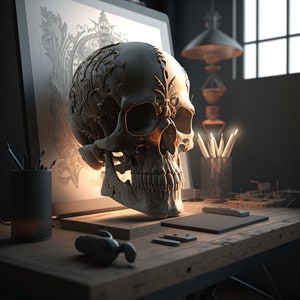 May include: A detailed, ornate human skull sculpture with intricate floral designs, resting on a wooden table with a drawing pad and pencils.