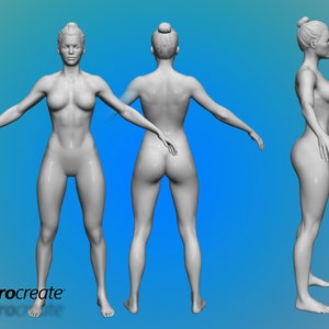 May include: A 3D model of a female figure in a neutral pose, rendered in a light gray color. The figure is shown from the front, back, and side views.