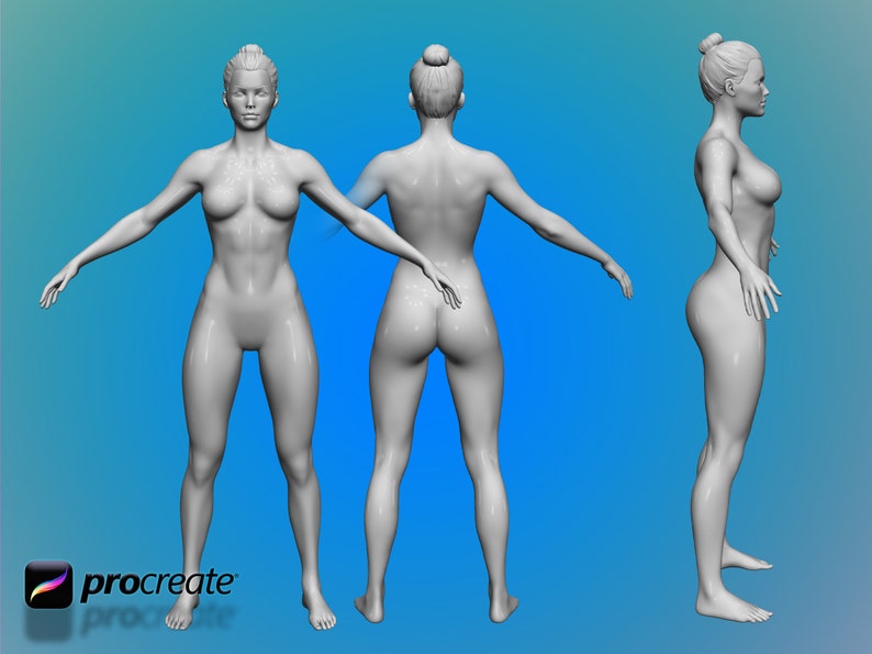 May include: A 3D model of a female figure in a neutral pose, rendered in a light gray color. The figure is shown from the front, back, and side views.