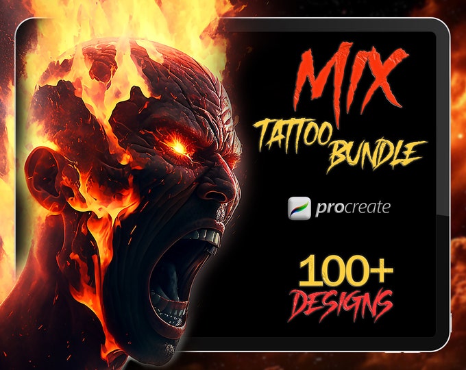 Mixed Tattoo Stencil Flash Bundle: 100 Unique Procreate Stamp Designs | Procreate tattoo | Tattoo design’s | Digital download | Brush set