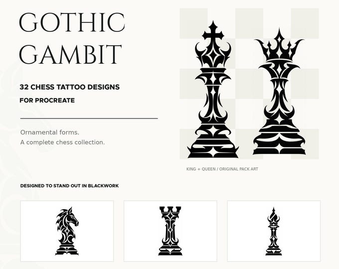 Chess Tattoo Stamps for Procreate: 32 Gothic Blackwork Designs, Brushset Bundle