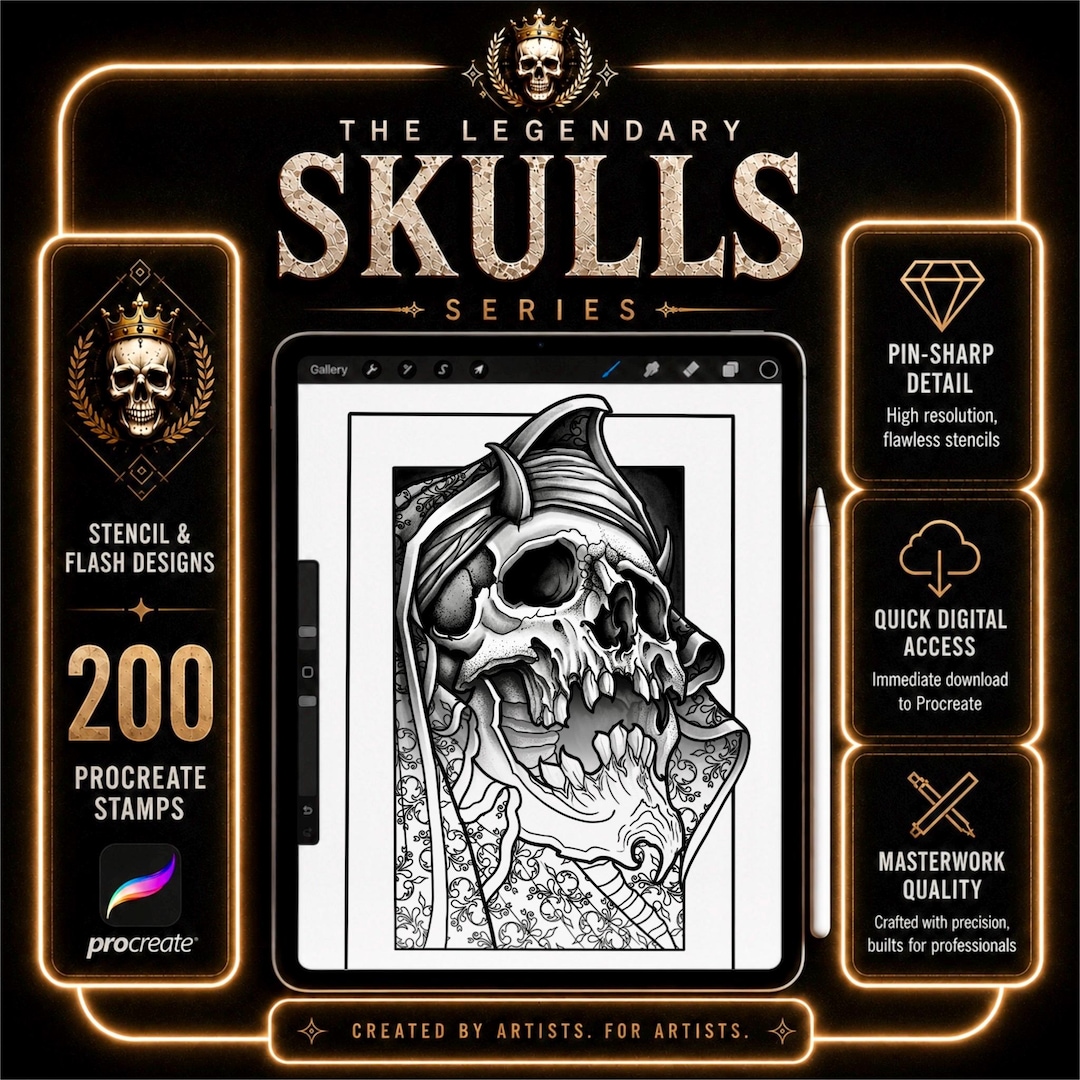 Legendary Skulls Tattoo Bundle | 200 Procreate Stamps | Skull Stencil ...