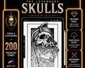 Legendary Skulls Tattoo Bundle | 200 Procreate Stamps | Skull Stencil & Flash Designs | Tattoo Artist Pack for iPad Procreate