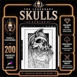 May include: Digital art product with a detailed black and white skull design, part of "The Legendary Skulls Series." Includes 200 Procreate stamps for stencil and flash designs. The image highlights pin-sharp detail and quick digital access.