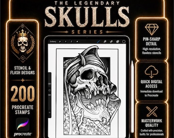 Legendary Skulls Tattoo Bundle | 200 Procreate Stamps | Skull Stencil & Flash Designs | Tattoo Artist Pack for iPad Procreate